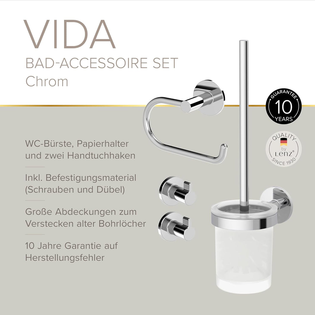 Starter Set VIDA (2 Haken, WC-Papierhalter ohne Deckel, WC-Bürstenset), Chrom, desinged by Lenz 4490