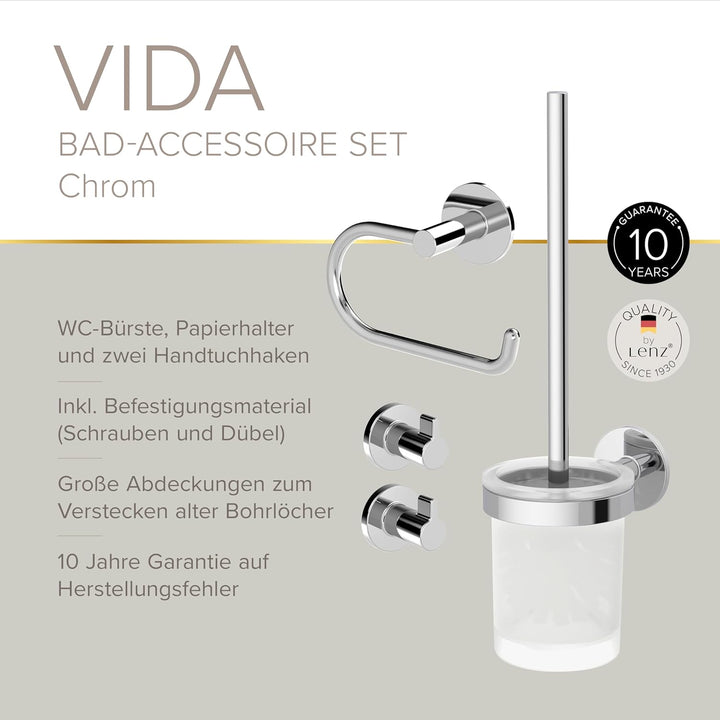 Starter Set VIDA (2 Haken, WC-Papierhalter ohne Deckel, WC-Bürstenset), Chrom, desinged by Lenz 4490