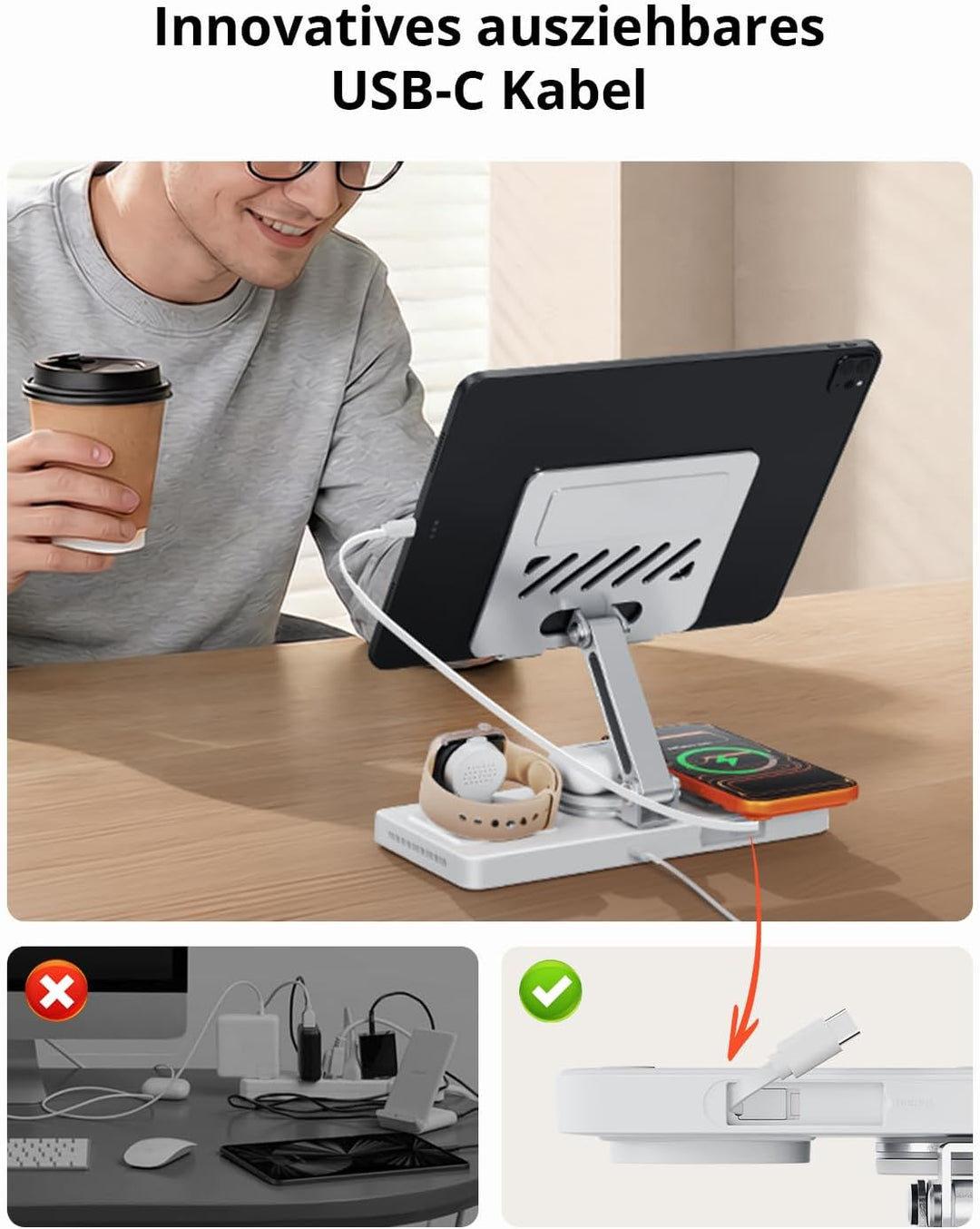 GEEKERA 4-in-1 Ladestation für Apple, Eingebautes einziehbares Ladekabel für iPad, Magnetisch Indukt