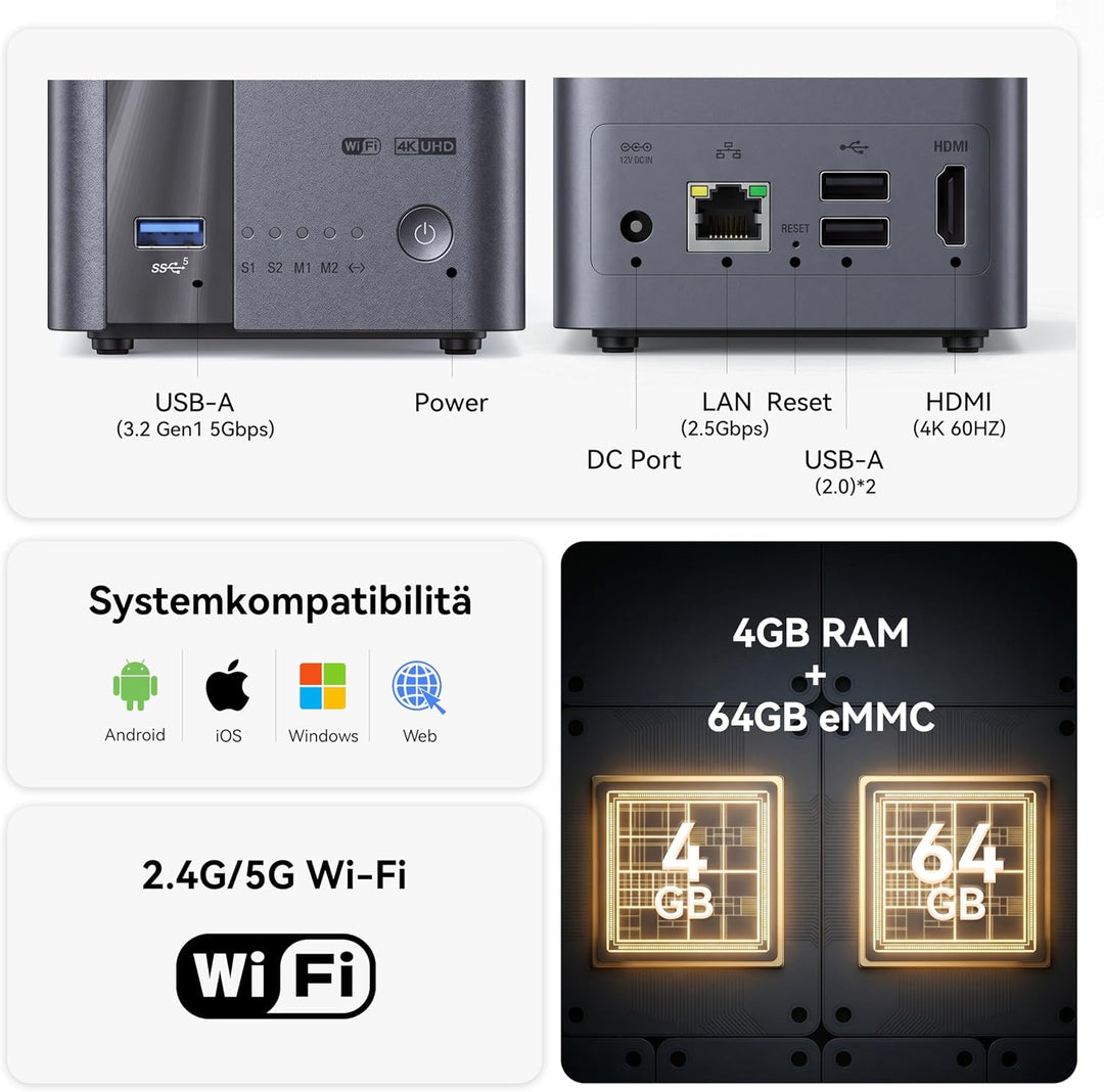 LincStation E1 4-Bay NAS Speicher, 4GB RAM, 64GB eMMC, 2.5GbE Port, Quad-Core, HDMI 2.0 für 4K Media