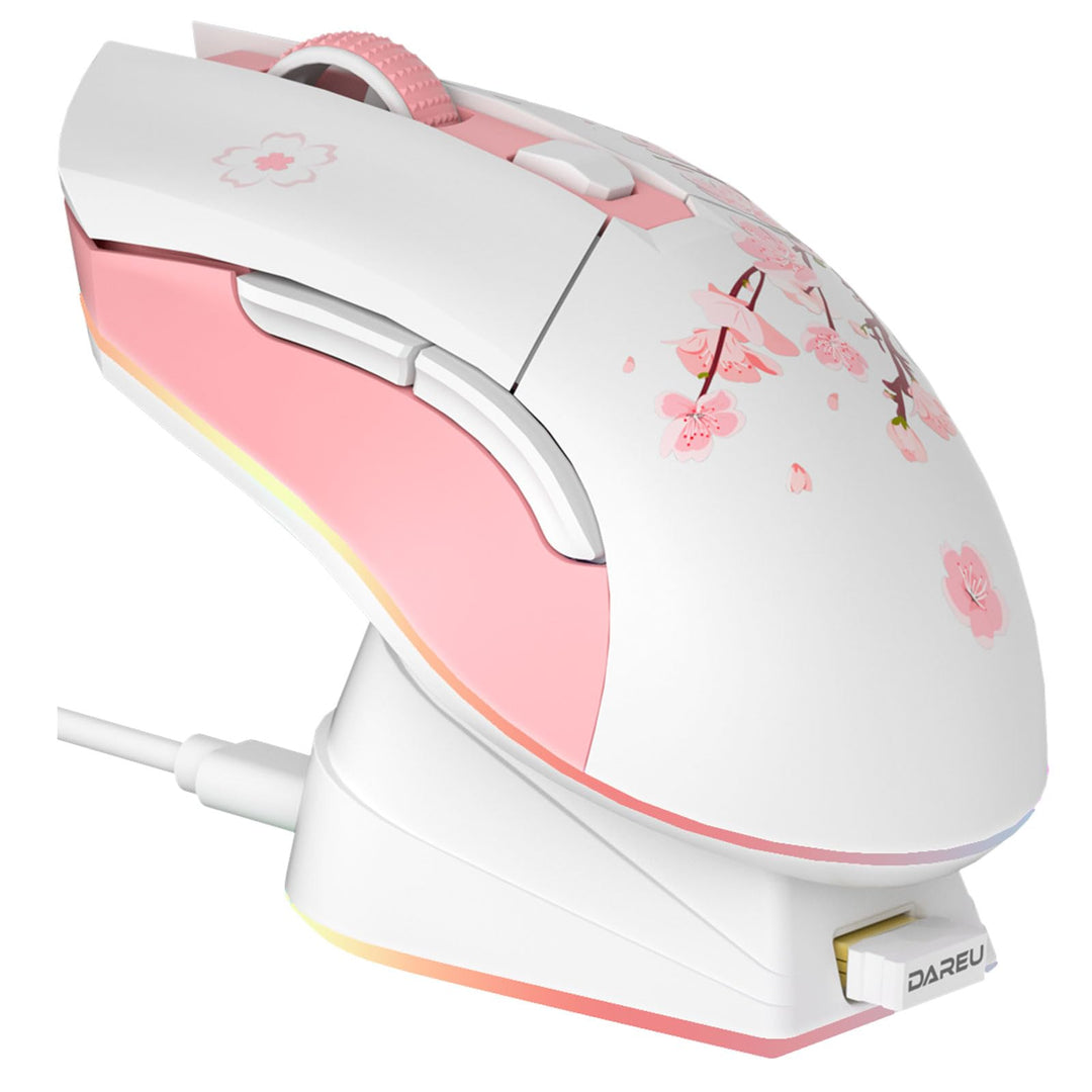DAREU Sakura Pink Gaming Maus Kabellose mit Magnetic Charging Dock Wiederaufladbar RGB,12K DPI, 7 Pr