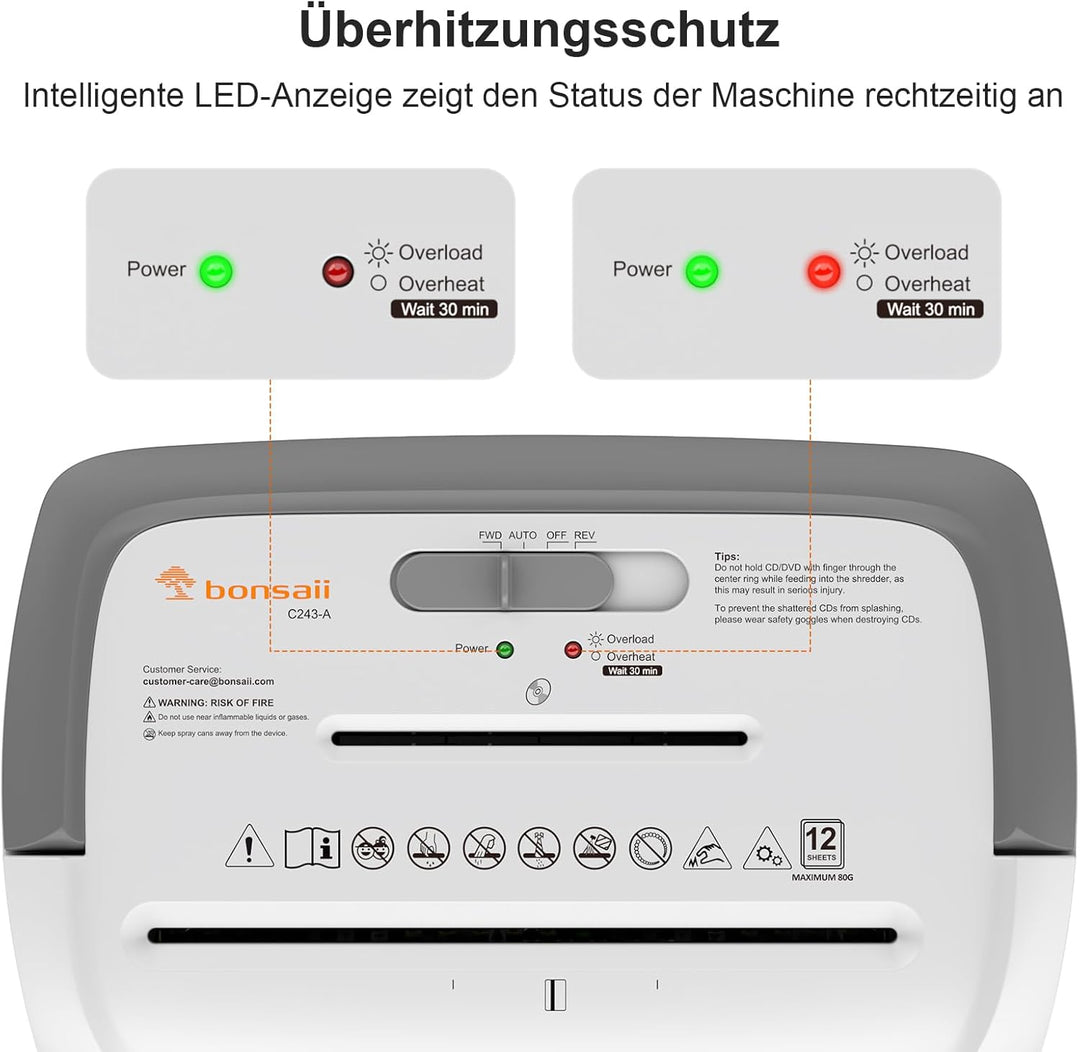 Bonsaii Aktenvernichter, 12-Blatt Kreuzschnitt, P4, Shredder Kreditkarten/CDs/Klammern, Geeignet für
