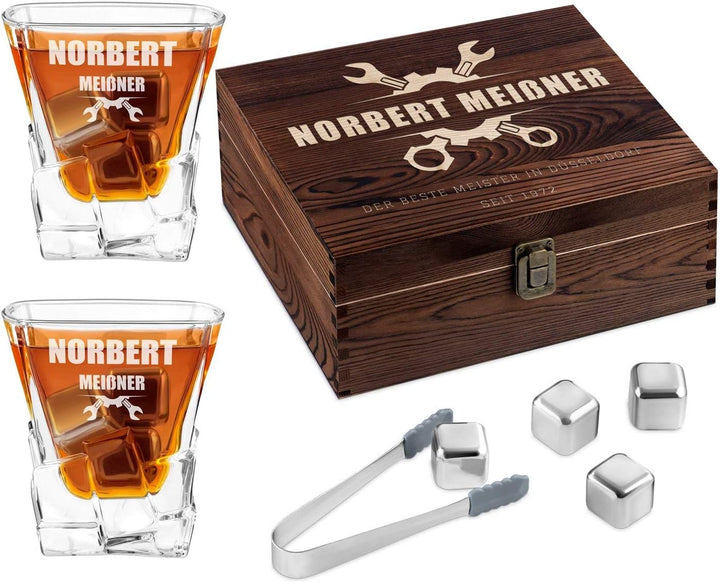 Maverton Whisky Steine Set - in Holzbox mit Gravur - 8 Eiswürfel + 2 Whisky Gläser - wiederverwendba