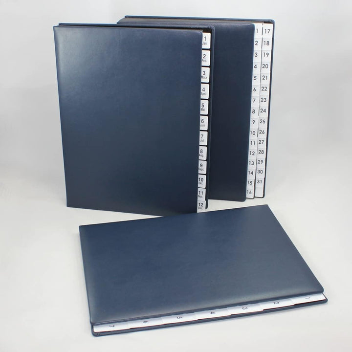 Pultordner mit Register 1-31 aus glattem Vollrindleder in Blau