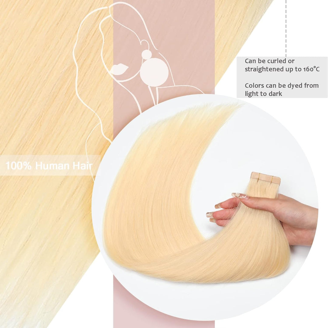 HotLulana Tape In Extensions Echthaar Bleach Blonde Real Hair Extensions 20Pieces 50g Skin Weft Hair