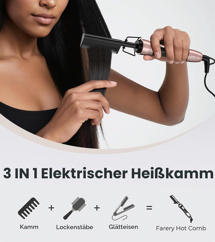 Farery Elektrischer Heisskamm Haarglätter Bürste für Perücken, Glätteisen Bartglätter für Afro Haare