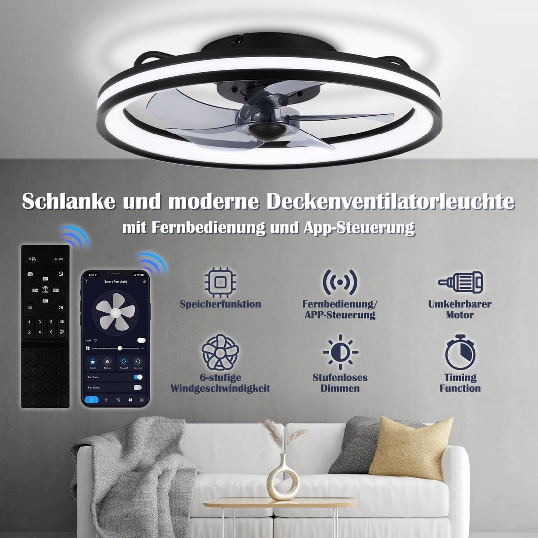 Fiqops Deckenventilator mit Beleuchtung und Fernbedienung Ø50 cm, LED Deckenleuchte 3 Farbtemperatur