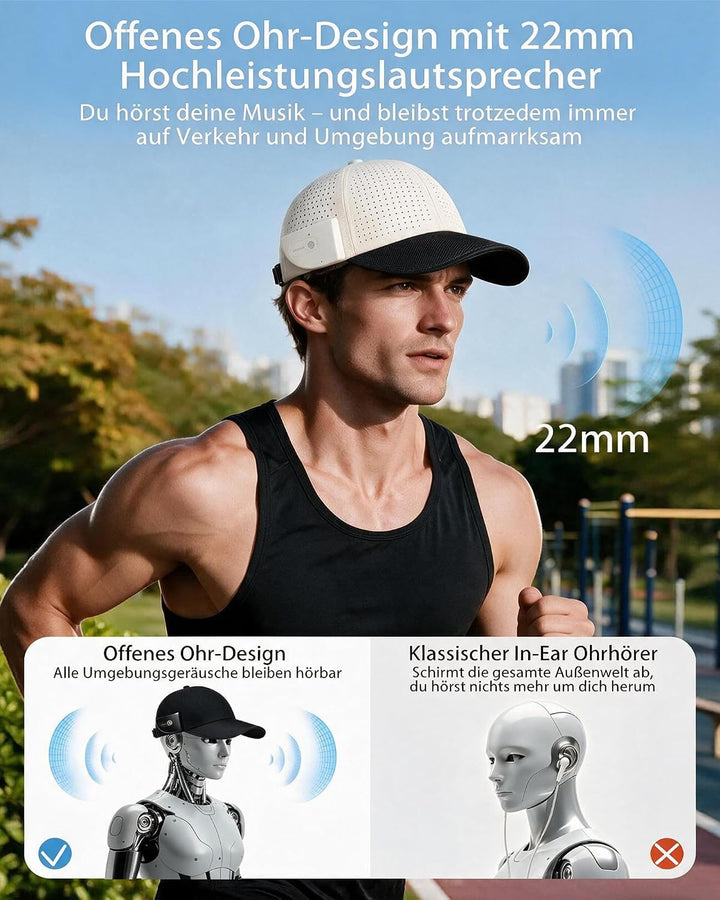 Smart Solar-Baseballkappe mit Open-Ear Bluetooth 5.4 Kopfhörern Cremeweiss-Full, Cremeweiss-Full