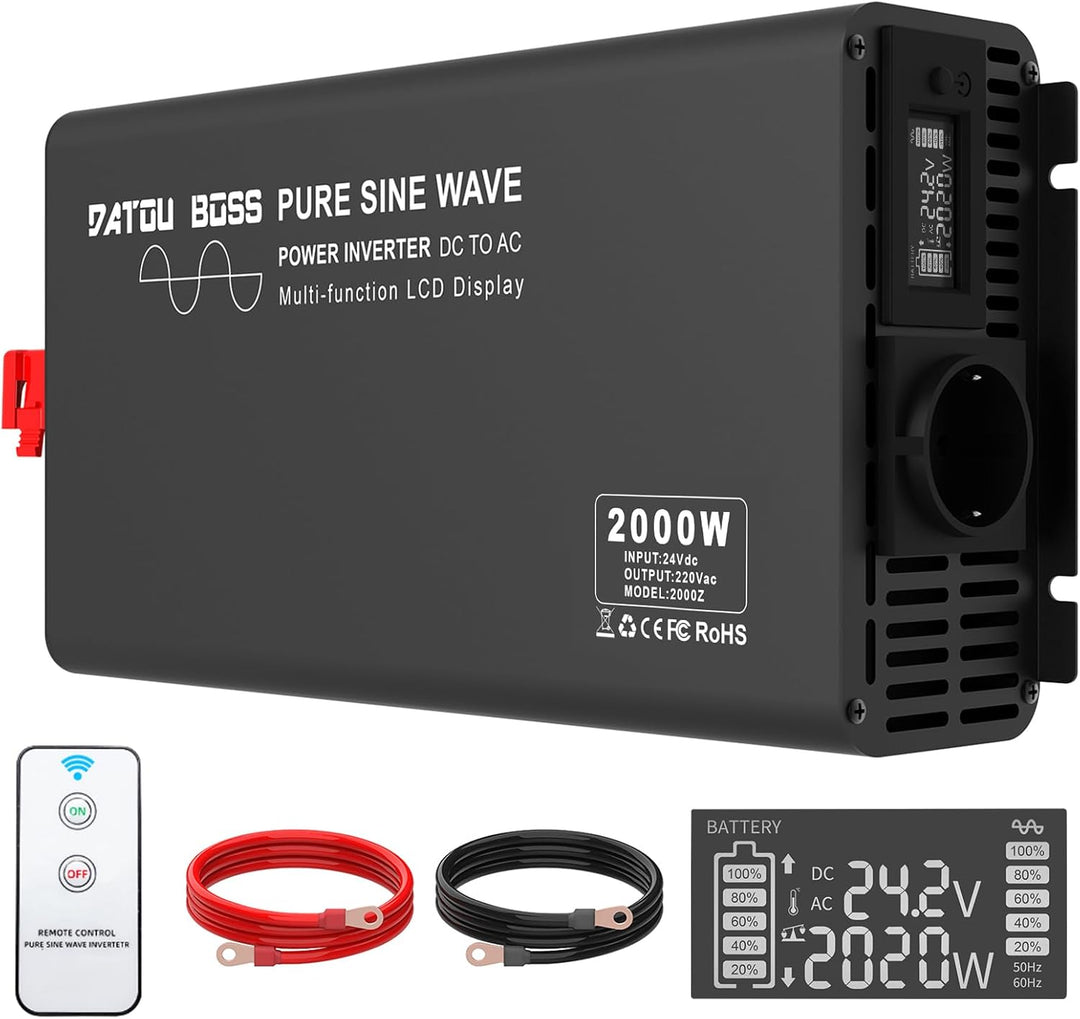 DATOUBOSS Wechselrichter 24V auf 230V Reiner Sinus mit 1 EU Steckdose & USB-Port-inkl& LCD Anzeige S