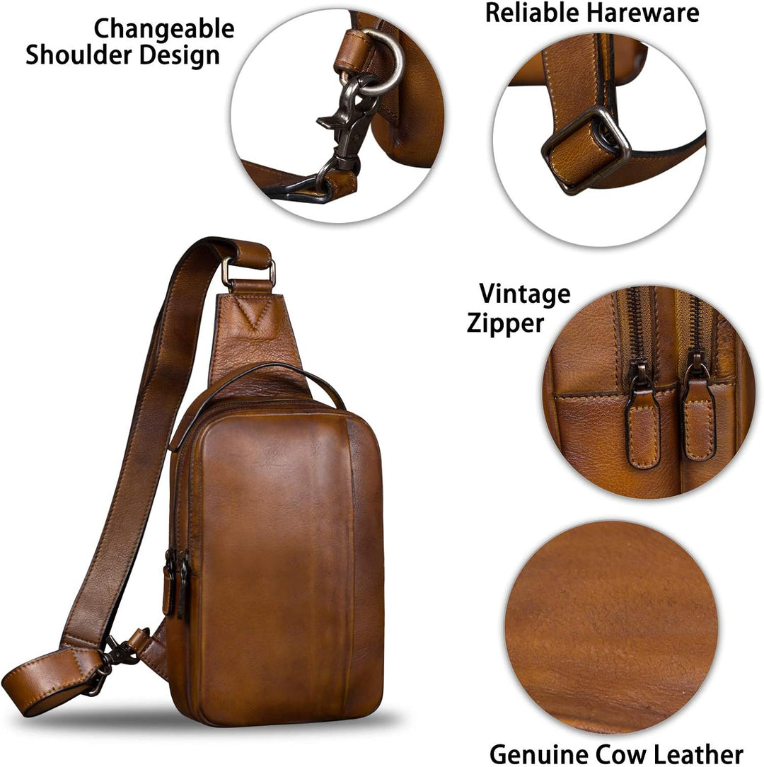 IVTG Genuine Leather Sling Bag for Men and Women Vintage Real Leather Sling Backpack Shoulder Crossb