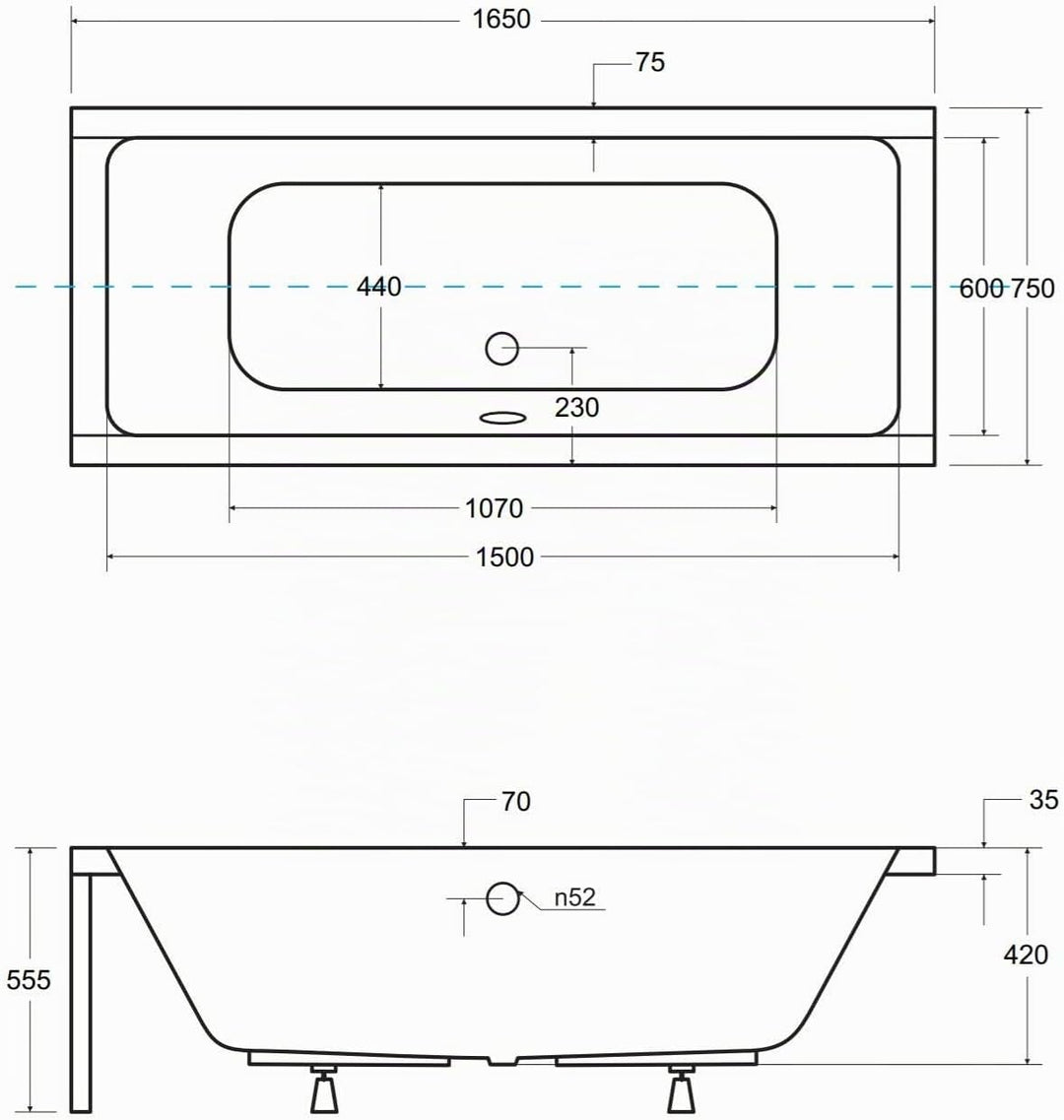 VBChome Badewanne 165x75 cm Acryl SET Wannenträger Siphon Wanne Rechteck Weiss Design Modern Styropo
