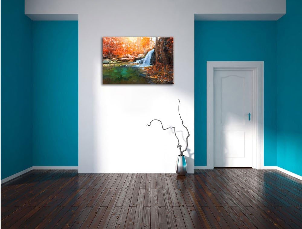 Pixxprint Wasserfall im Wald / 100x70cm Leinwandbild bespannt auf Holzrahmen/Wandbild Kunstdruck Dek