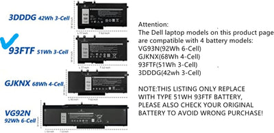 AKKEE 51Wh 93FTF Laptop Akku für Dell Latitude 5580 5590 5591 5480 5490 5491 5495 5280 5288 5488 E52