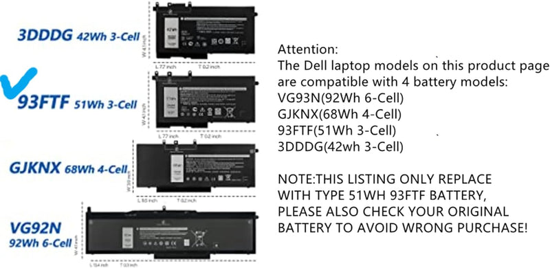 AKKEE 51Wh 93FTF Laptop Akku für Dell Latitude 5580 5590 5591 5480 5490 5491 5495 5280 5288 5488 E52