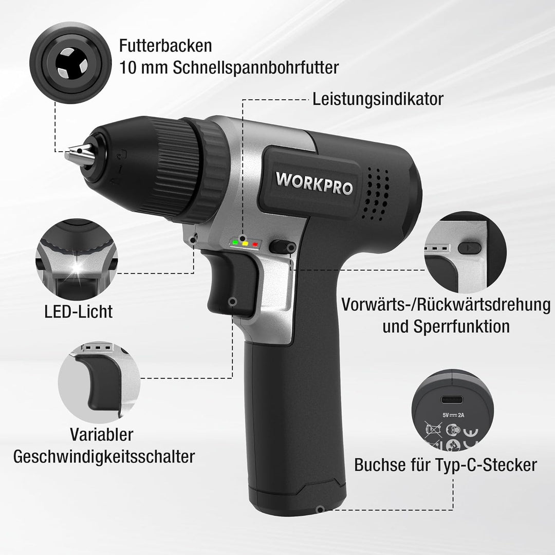 WORKPRO 8V Akku Bohrschrauber Set, Akkuschrauber, 2000 mAh Akku Bohrmaschine, 12 Nm Drehmoment, 10mm
