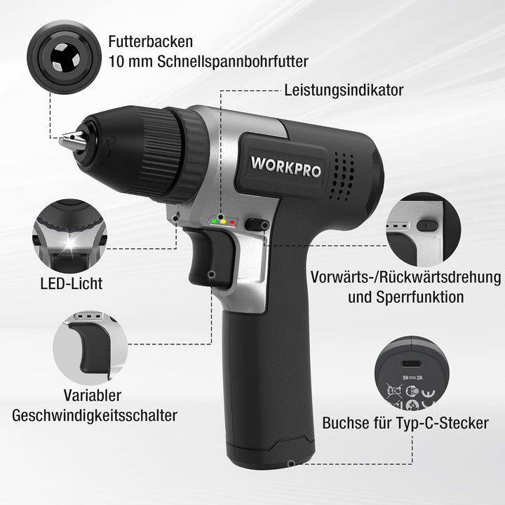 WORKPRO 8V Akku Bohrschrauber Set, Akkuschrauber, 2000 mAh Akku Bohrmaschine, 12 Nm Drehmoment, 10mm