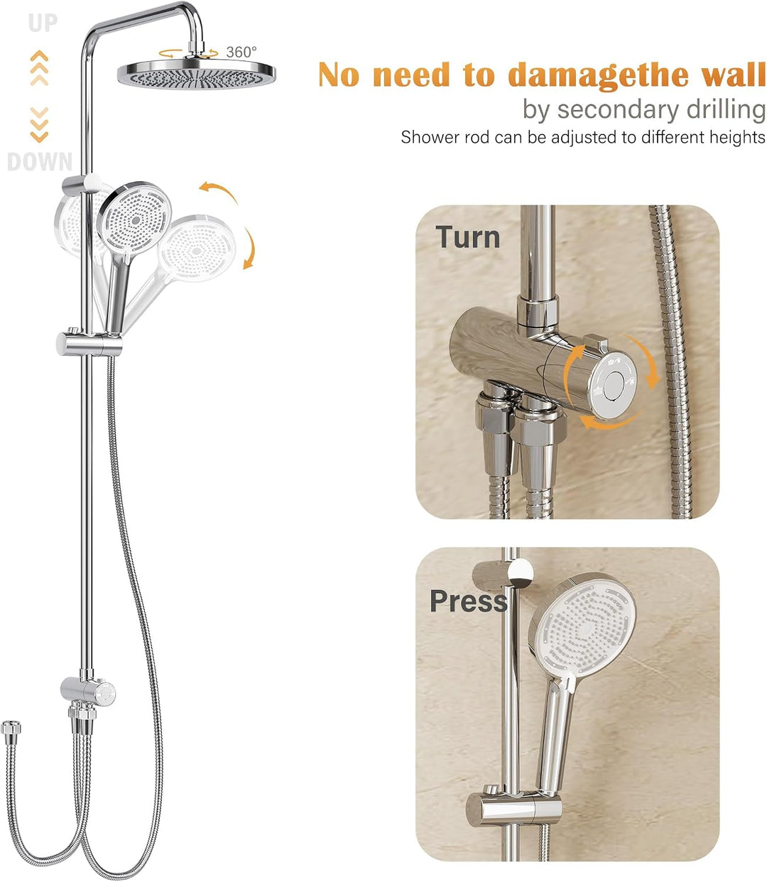 Duschsystem 25 cm Regendusche mit Handbrause höhenverstellbar Chrom, Chrom