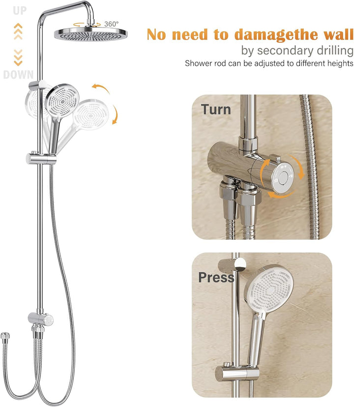 Duschsystem 25 cm Regendusche mit Handbrause höhenverstellbar Chrom, Chrom