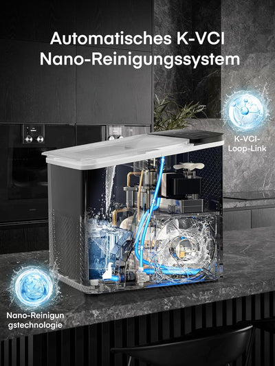 FOHERE Eiswürfelmaschine Klein, 12 Kg/24h, 9 Eiswürfel in 5 Minuten, 2 Eiswürfel Grössen, Selbstrein