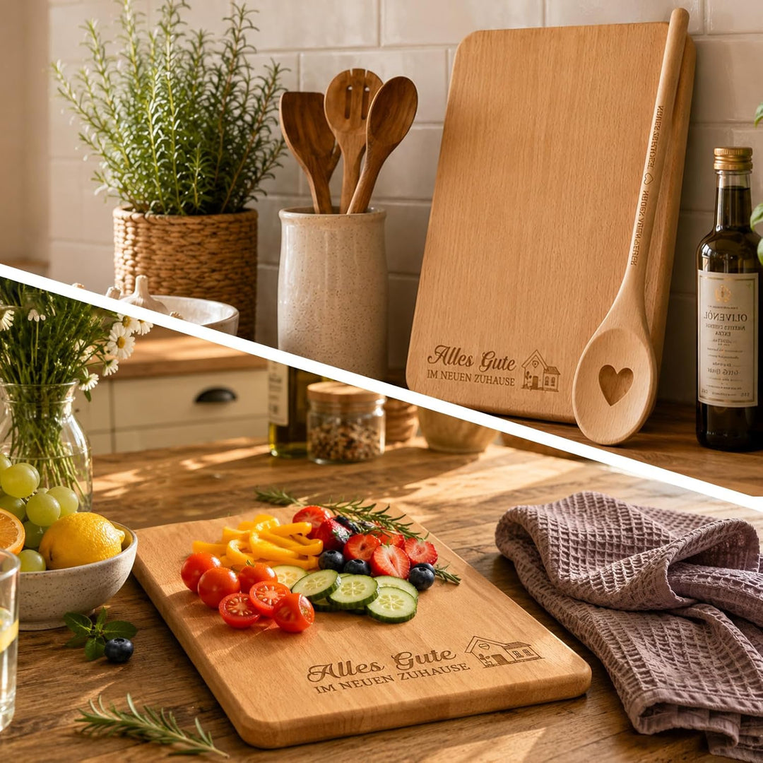 Giftota Einzugsgeschenke zum Einzug – Geschenk neues Zuhause mit graviertem Holzschneidebrett, Baumw