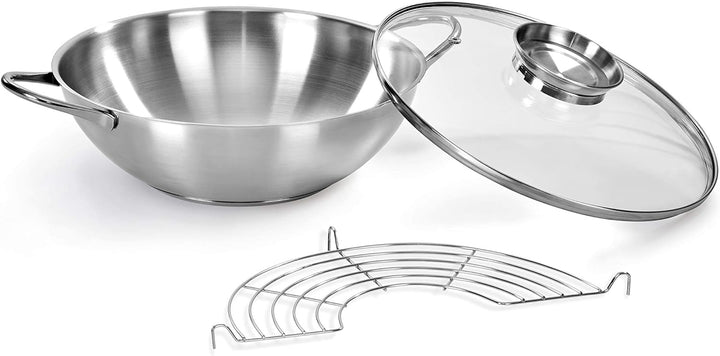 Wok aus Edelstahl 18/10, Ø 28 cm, Fassungsvermögen 3,75 l, Deckel mit Aromaknopf, hergestellt in Ita