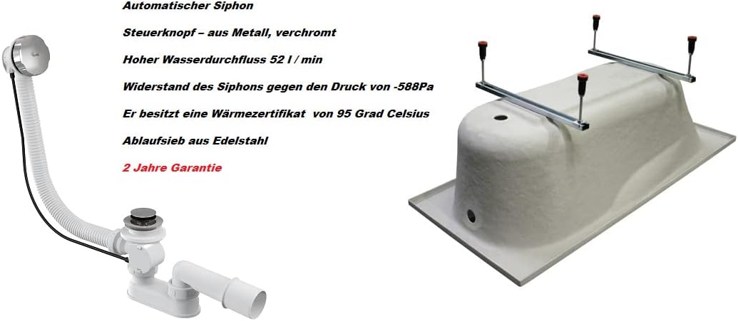 BADLAND Badewanne Original Weiss Acryl Wanne Rechteck SHEA 180x80 KOMPLETTSET SET + Füssen und Exklu