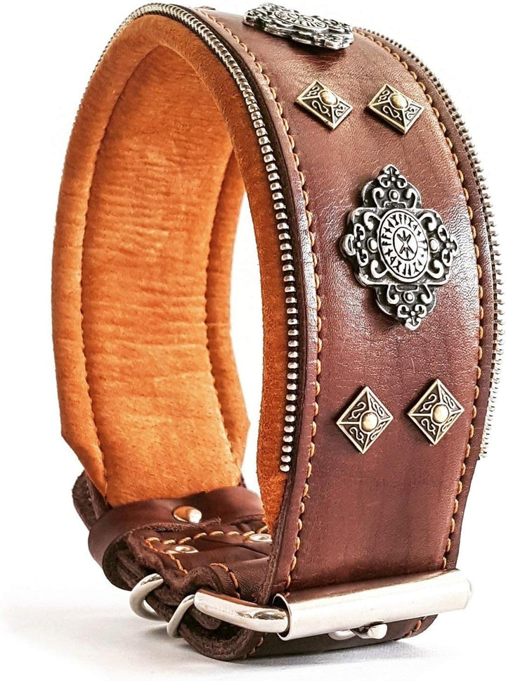Bestia™ "Aztec Echtleder Hundehalsband für grosse Hunde. 100% Leder. Weich gepolstert. 6,3 cm breit.
