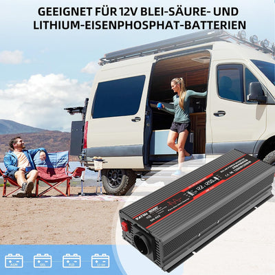 DATOUBOSS 1200W Wechselrichter 12V Auf 230V Reiner Sinus Spannungswandler Spitzenleistung 2500W Mit