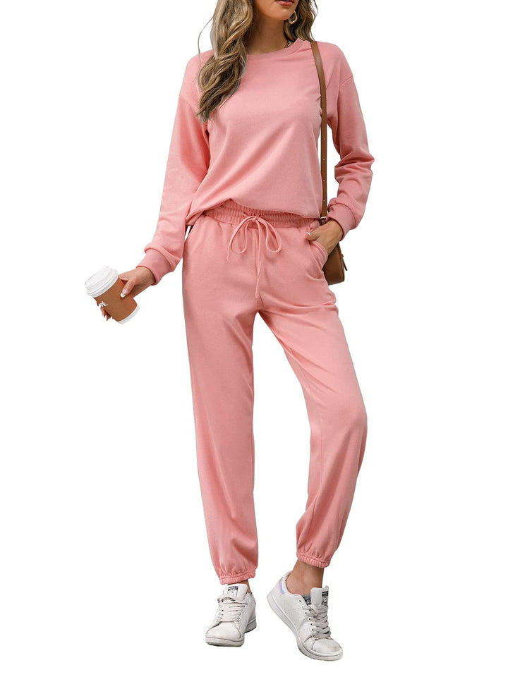 REORIA Damen Tracksuit Langarm Rundhalsausschnitt Einfarbig Zweiteiler Outfit Hoodie Jogger Training