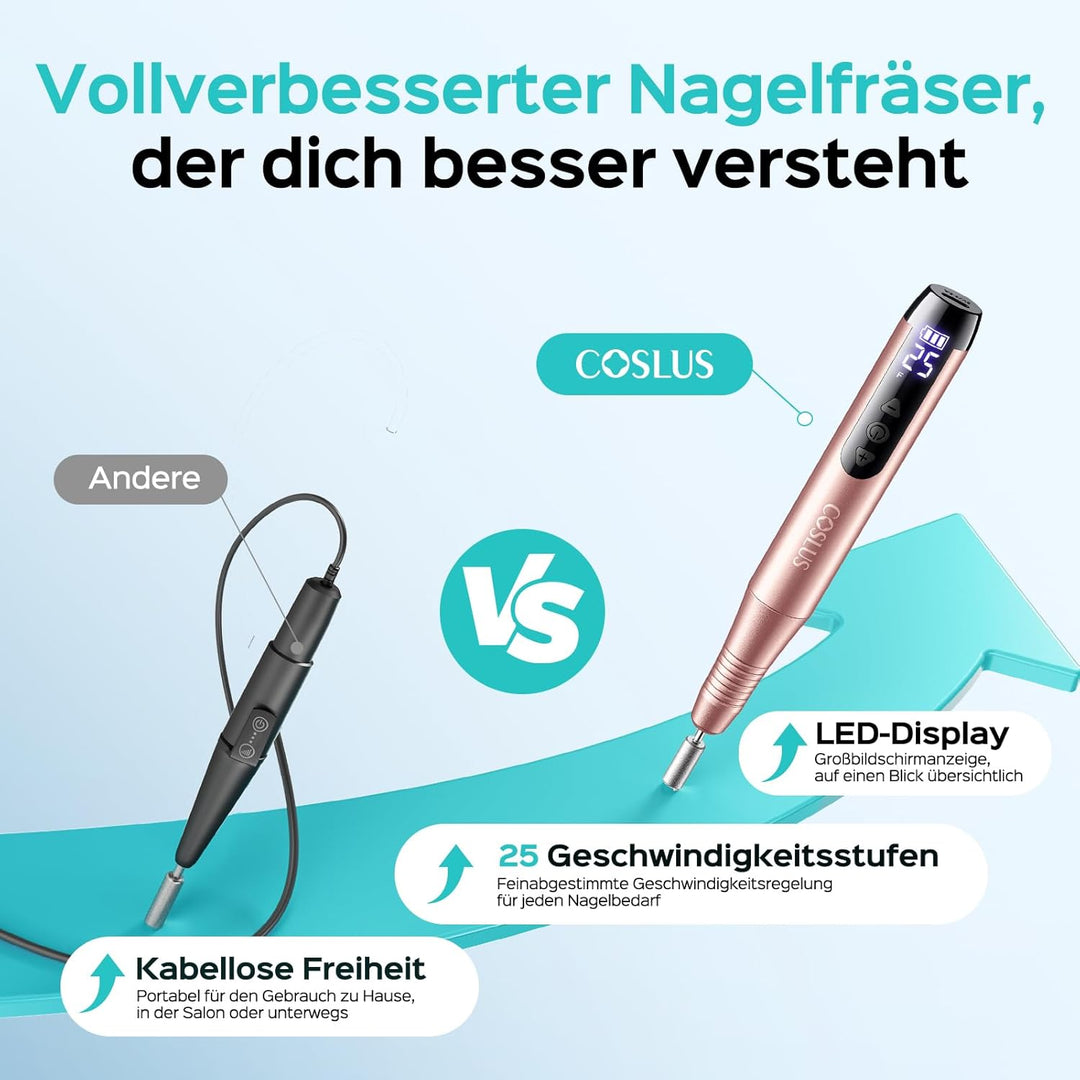 COSLUS C51 Kabellos Tragbar Elektrischer Nagelfräser: Elektrische Nagelfeile für Gelnägel 35000 u/mi