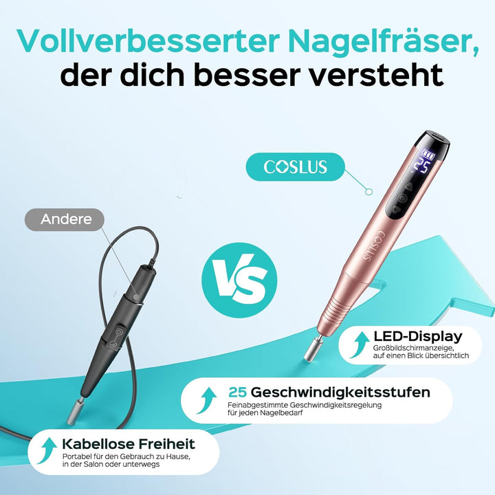 COSLUS C51 Kabellos Tragbar Elektrischer Nagelfräser: Elektrische Nagelfeile für Gelnägel 35000 u/mi