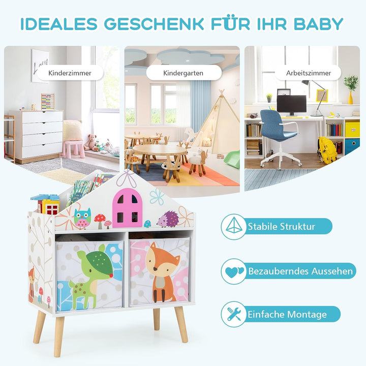 DREAMADE Kinderregal mit 4 Fächer und 2 Aufbewahrungsboxen, Spielzeugregal Spielzeugkiste Spielzeug-