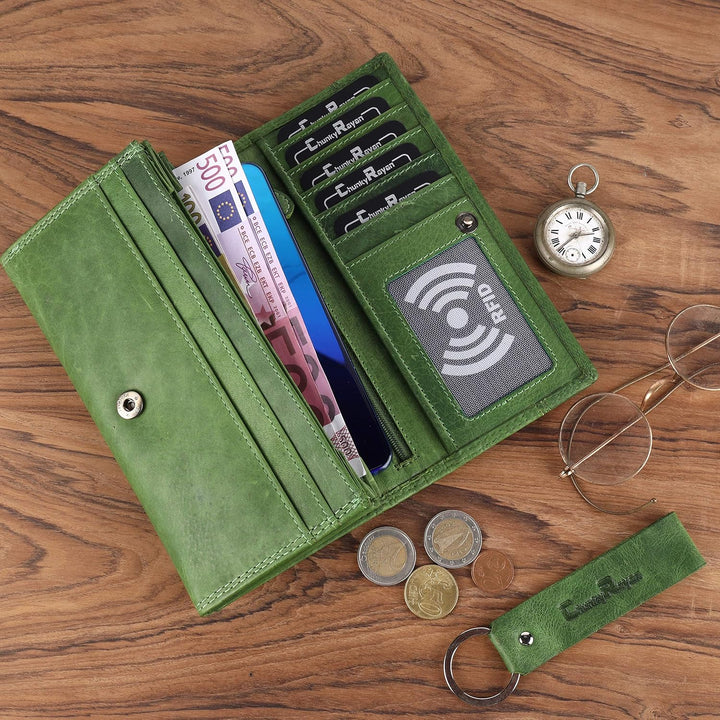 Echtleder Damen Geldbörse Hochwertig Vintage RFID Schutz inklusive Leder Schlüsselanhänger GB-4 Gree