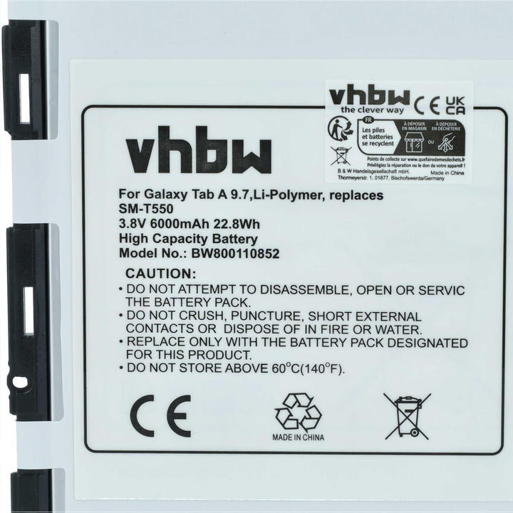 vhbw Akku kompatibel mit Samsung Galaxy SM-T550, SM-T555, SM-T555C, Tab A 9.7 Tablet Pad (6000mAh, 3