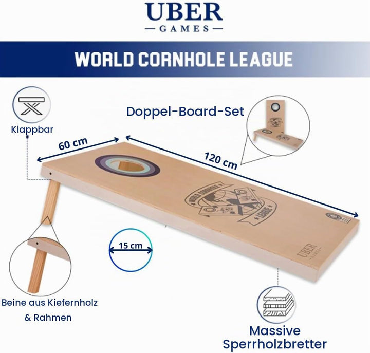 Uber Games - World Cornhole League - 120x60 cm Doppelbrett-Set & Tasche - Turnierqualität Board (4x2