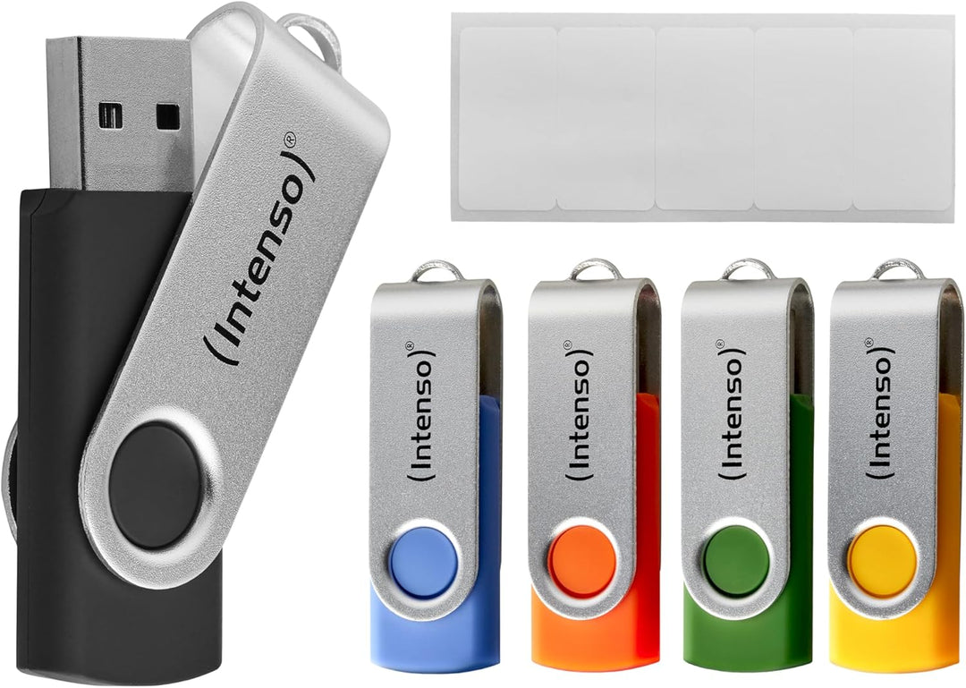 Intenso Basic Line 5X 32 GB USB-Sticks USB 2.0 mit praktischen Beschriftungsetiketten, Gelb, Grün, S