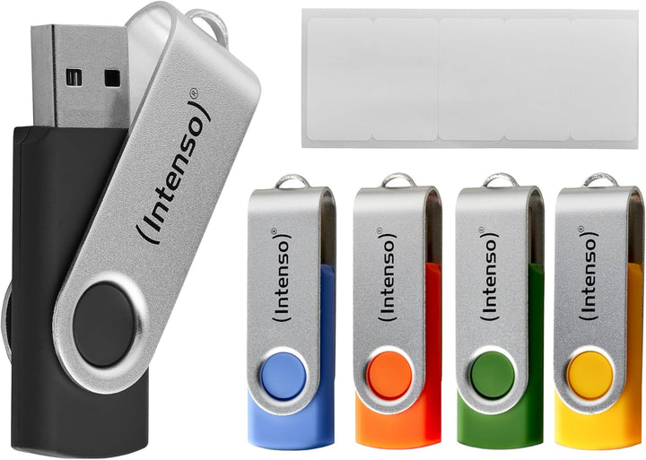 Intenso Basic Line 5X 32 GB USB-Sticks USB 2.0 mit praktischen Beschriftungsetiketten, Gelb, Grün, S