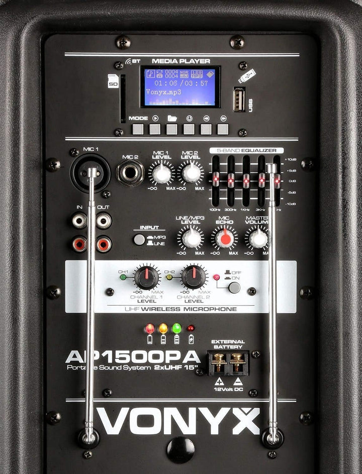 Vonyx AP1500PA - Mobile PA Anlage, Partybox Bluetooth mit Akku, 800 Watt Party Lautsprecher mit Mikr
