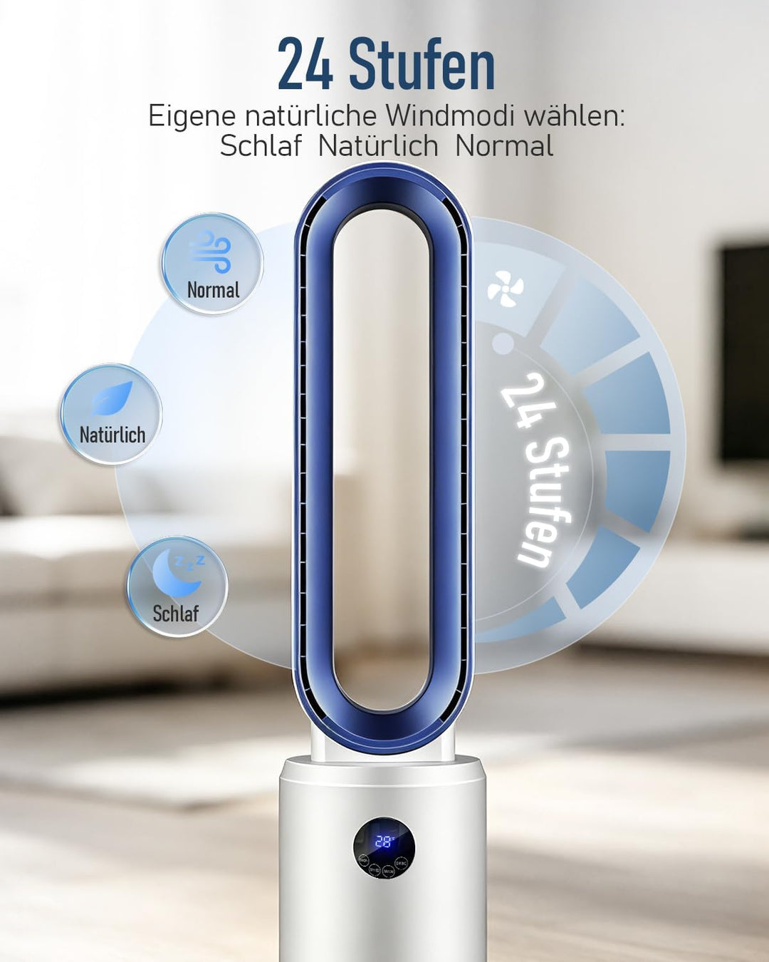 Rotorloser Ventilator, 24 Stufen Leiser Turmventilator Mit Fernbedienung & 12h Timer, Energiesparend