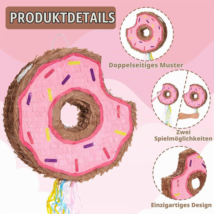 WERNNSAI Donut Pinata – Geburtstag Deko Piñata Mädchen Kinder Rosa Donut Piñata mit Stock Augenbinde