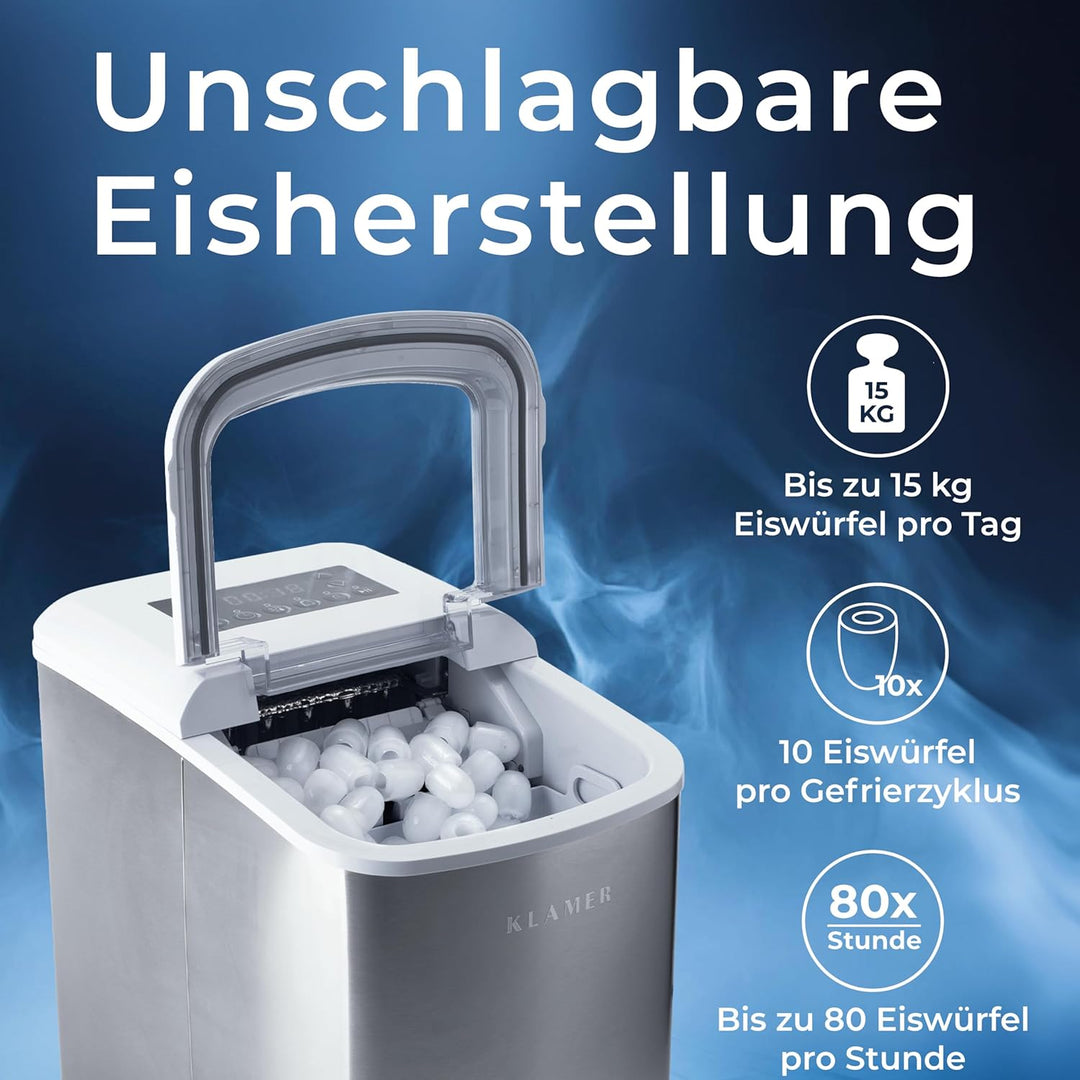 KLAMER Eiswürfelmaschine klein mit Eisschaufel & 2 Eiswürfelgrössen - 10 Eiswürfel in nur 7 Min, 15
