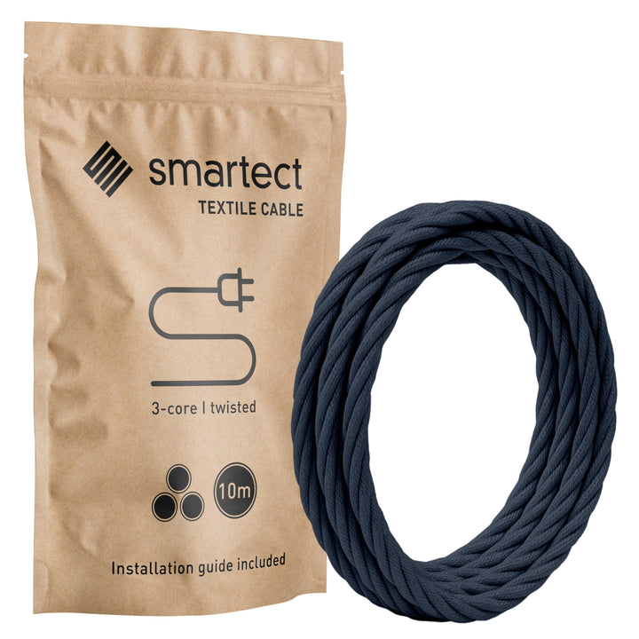smartect Textilkabel gedreht 3-Adrig (3 x 0.75 mm²) Anthrazit, 10 Meter | Vintage Lampenkabel Stoff,