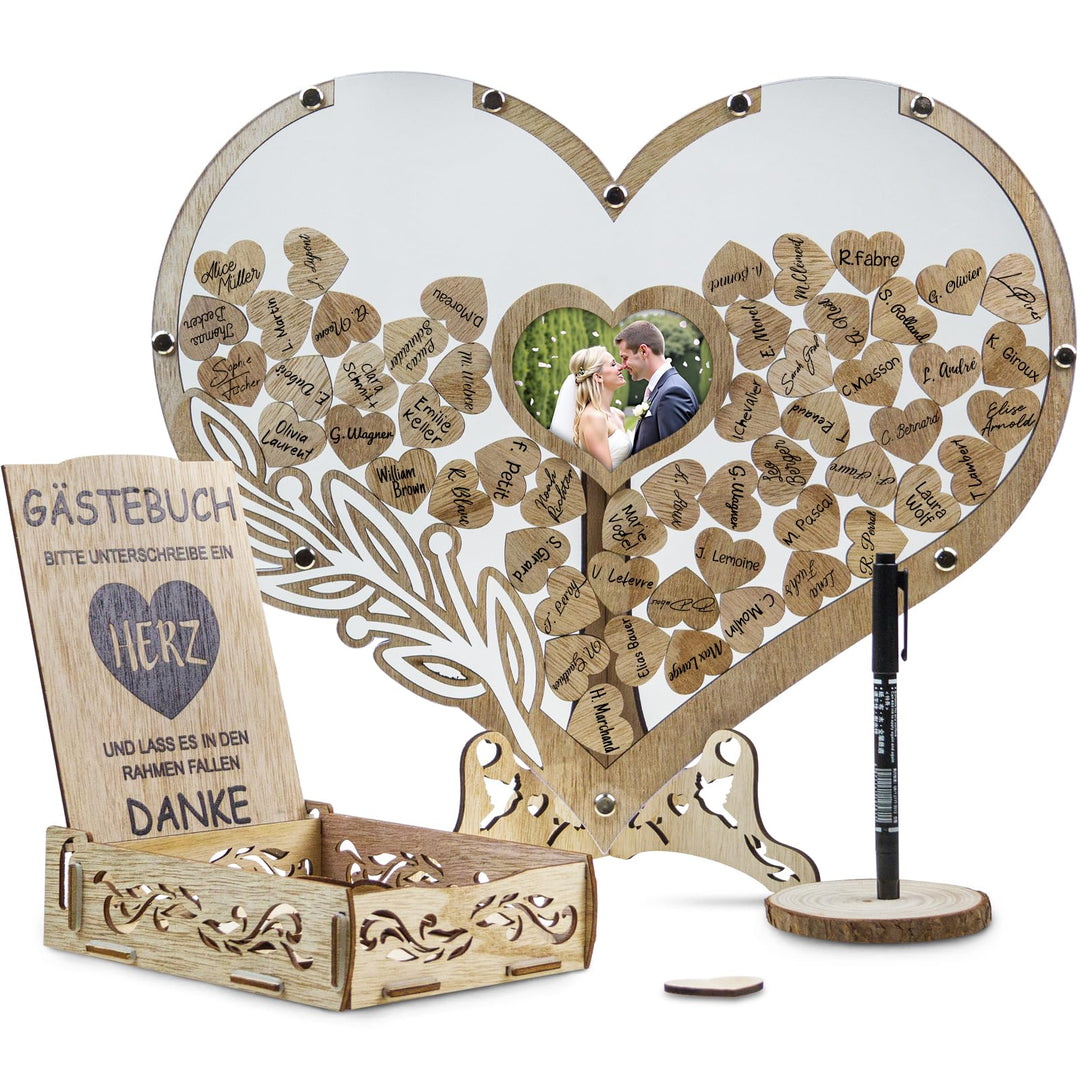 Gästebuch Hochzeit Holz,Gästebuch Hochzeit,Hochzeitsgästebuch mit 100 Holzherzen für Hochzeitsfeiern