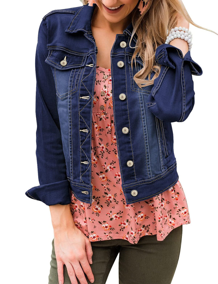 Roskiky Jeansjacken Damen Jean Stretchy Langarm Trucker Jacke mit Tasche M Blau, M Blau