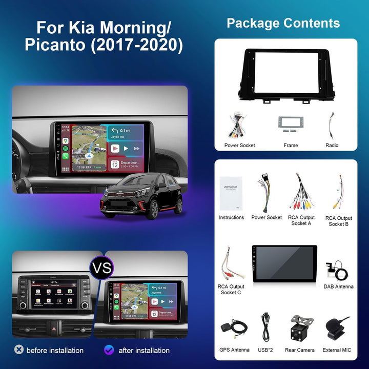 Android 15 - [Eingebaut DAB] - IPS Autoradio für KIA Morning Picanto (2017-2020) - Kabellos Carplay/