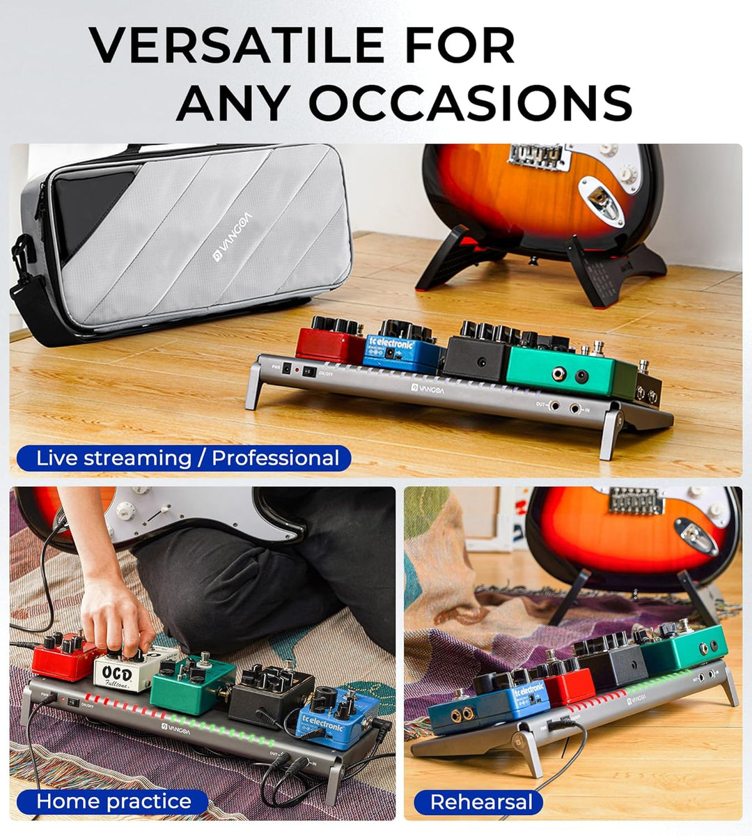 Vangoa Gitarren-Pedalboard mit eingebauter, isolierter Stromversorgung, VPPD-S Aluminium, klein, tra