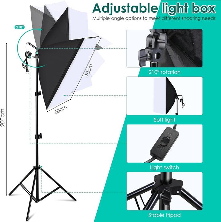 2 Stück Softbox Set, LED Softboxen Profi Fotostudio Set, 2,6 x 3 m Hintergrund mit Lampenstativ, Wei