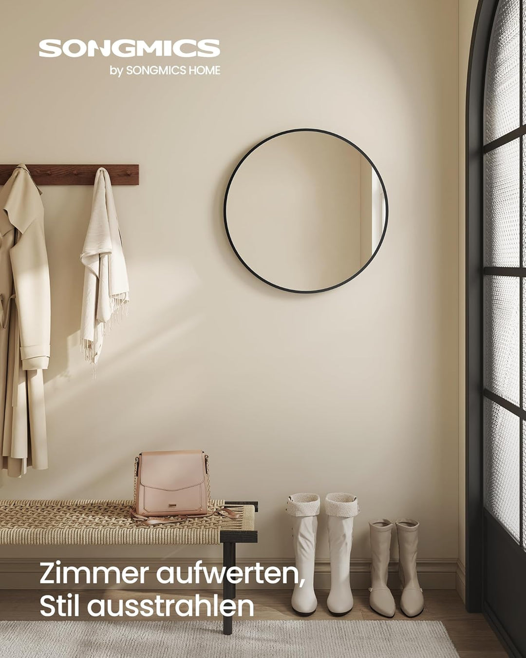 SONGMICS Wandspiegel, Spiegel rund, Ø 50 cm Badezimmerspiegel, Metallrahmen, einfache Montage, moder