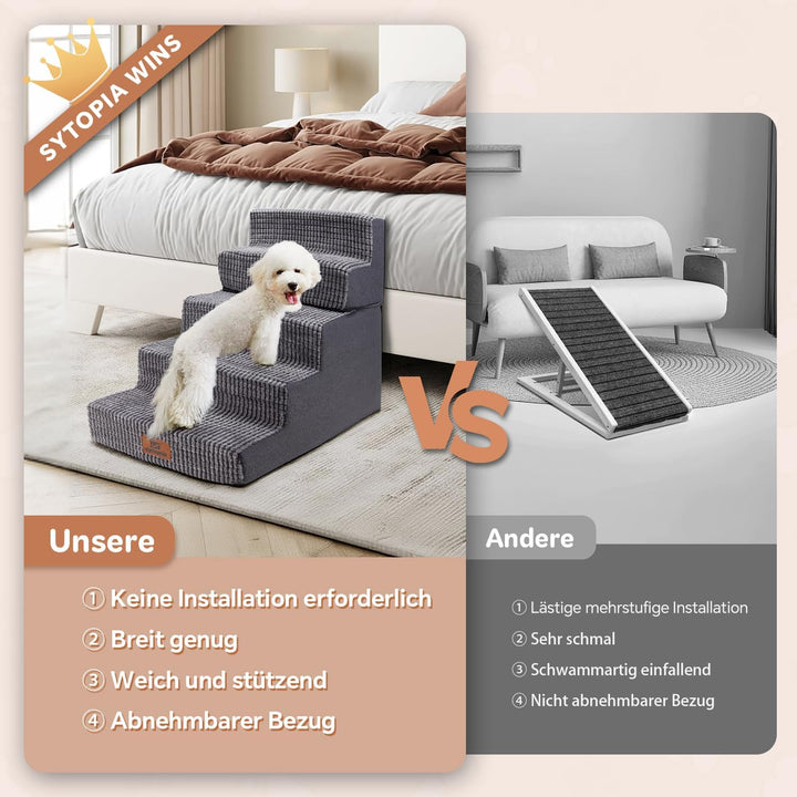 Sytopia Hundetreppe Grosse Hunde 5 Stufen Hoch, Hundetreppe für Bett 60cm, Haustiertreppe waschbar,