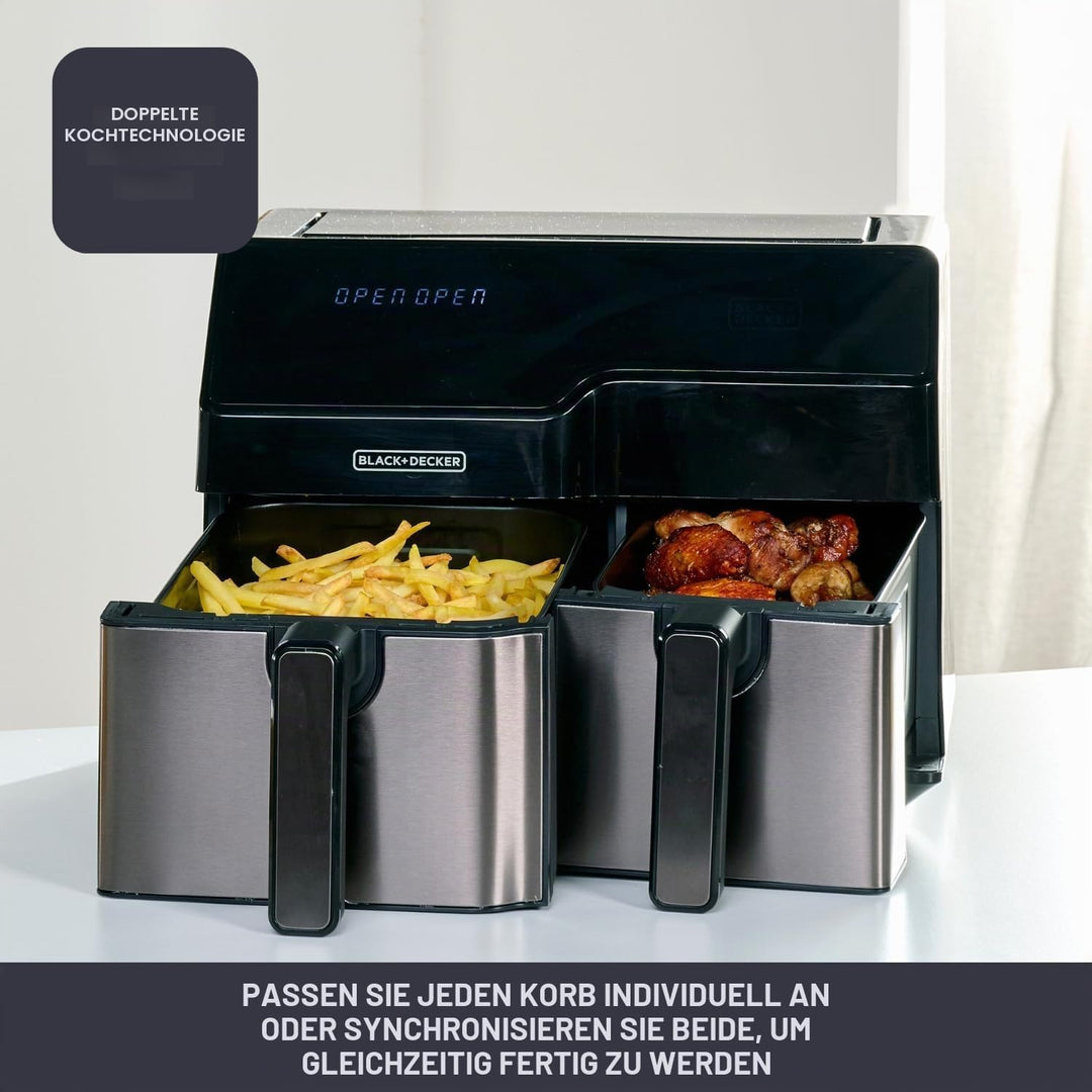 BLACK+DECKER – Heissluftfritteuse Doppelkammer 2500W | Gesamtvolumen 9L | 8 Voreingestellte Programm